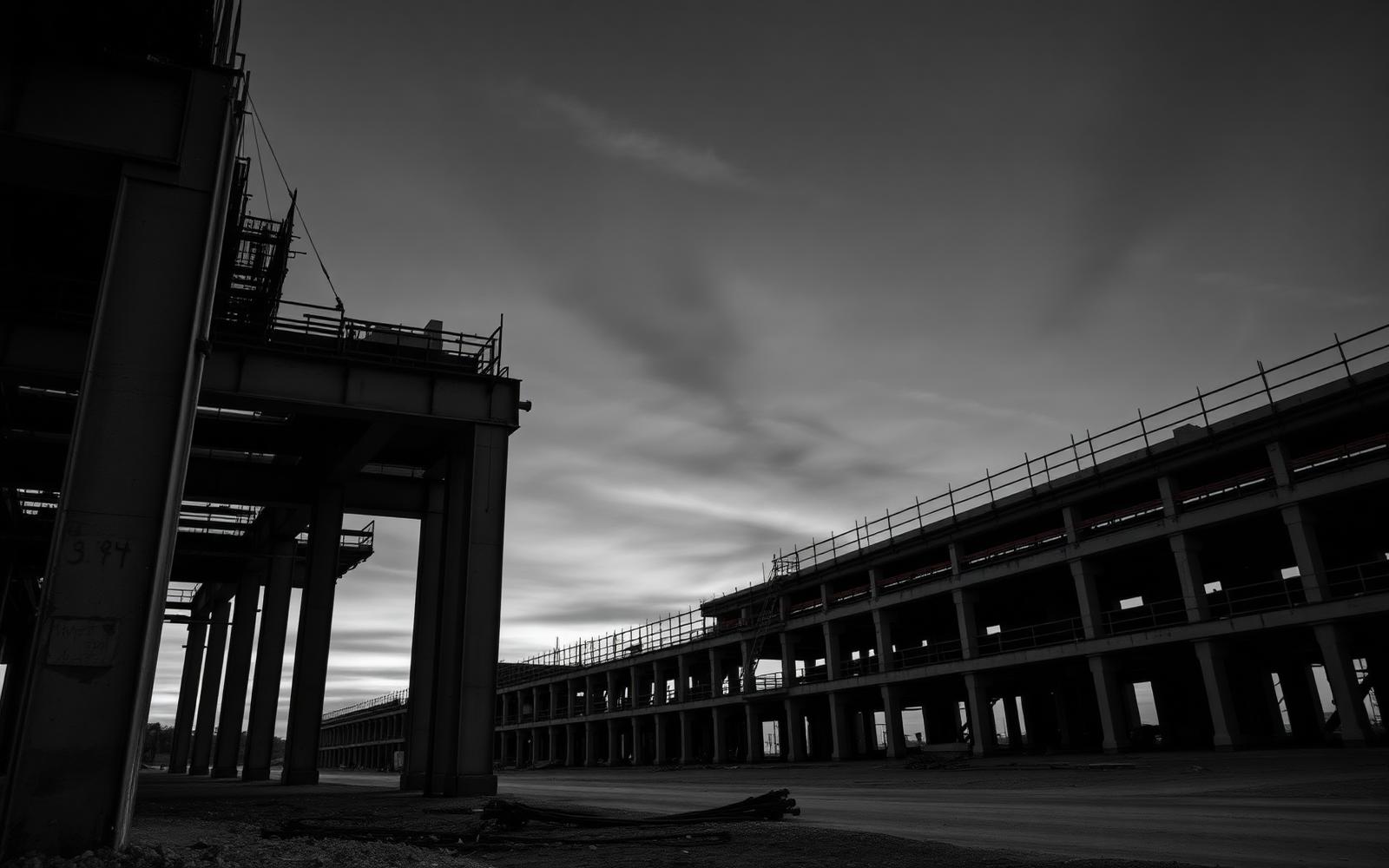 Industrial steel and concrete construction site at dusk in San Dimas
